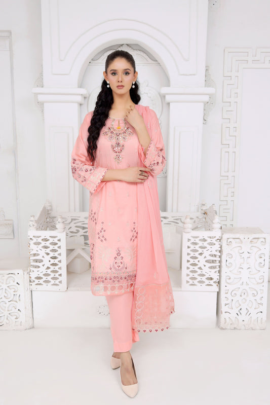 IB906 - 3PC Embroidered Lawn Suit with Bamberg Pallu Dupatta