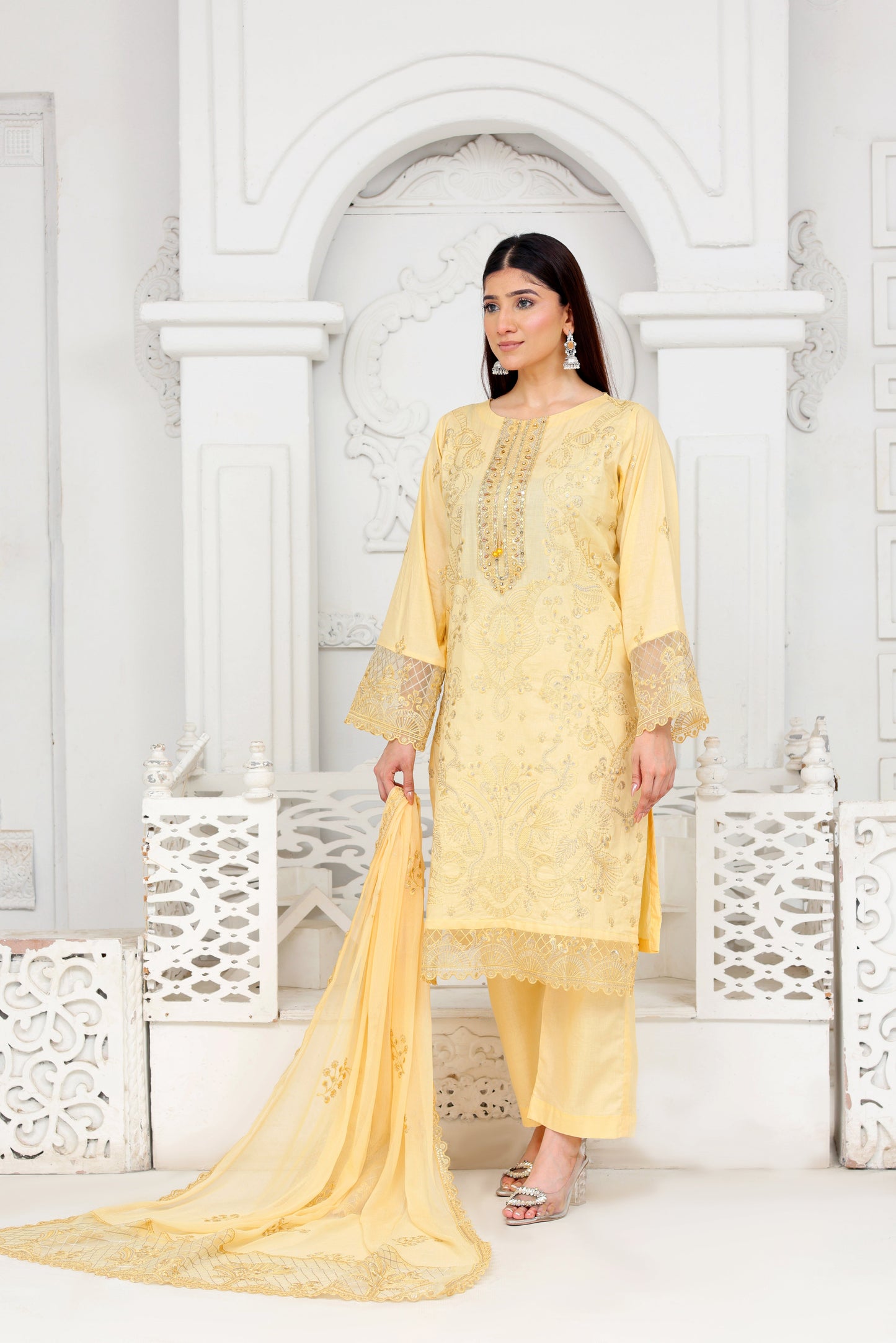 IB903 - Elegant Light Yellow Embroidered 3-Piece Stitched Suit