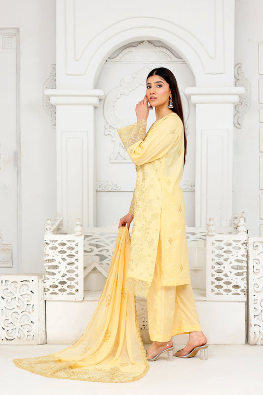IB903 - Elegant Light Yellow Embroidered 3-Piece Stitched Suit