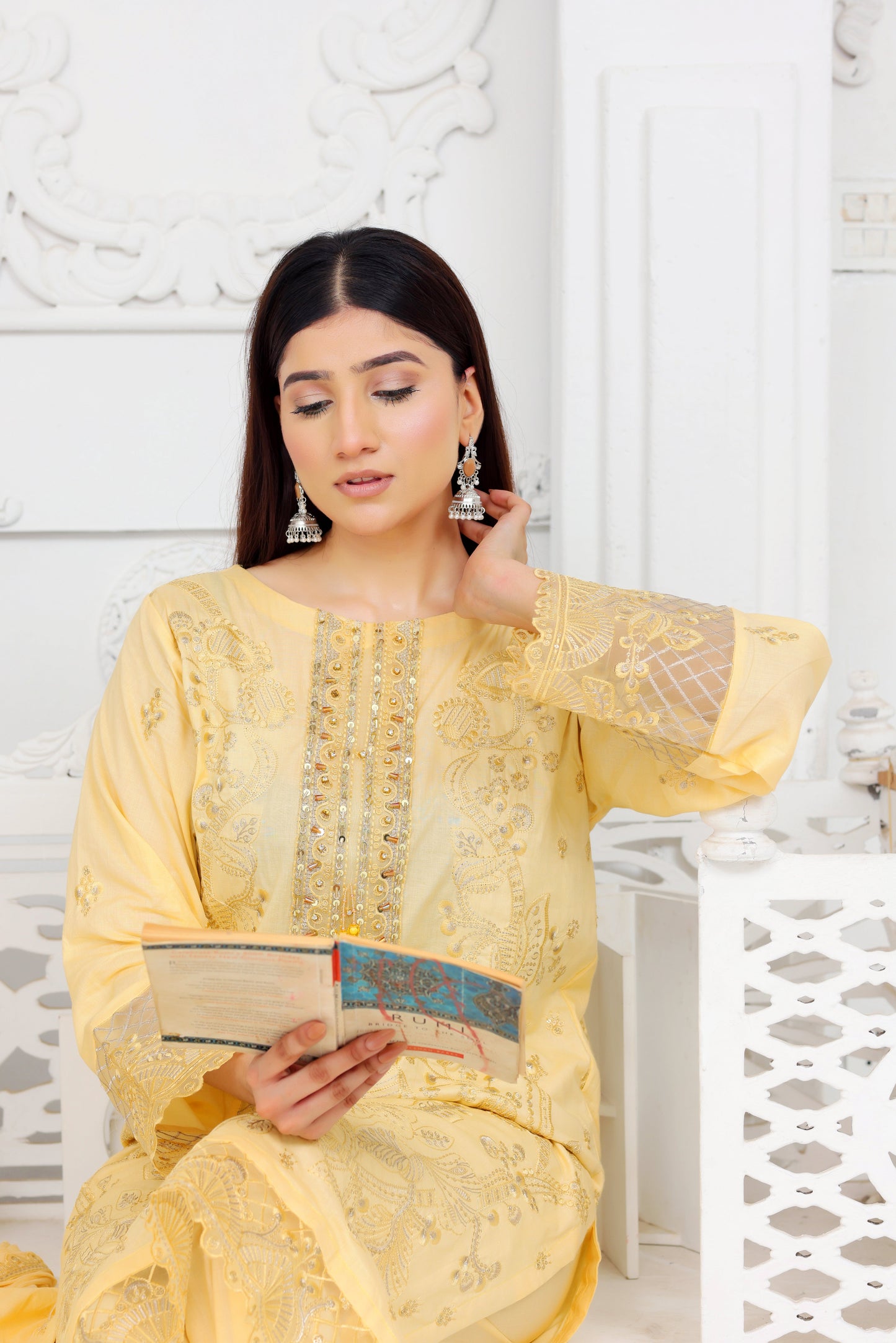 IB903 - Elegant Light Yellow Embroidered 3-Piece Stitched Suit