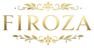 The brand name 'FIROZA' is displayed in elegant gold serif lettering, centered on a clean white background with decorative gold flourishes above and below.