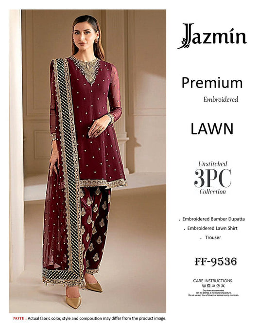 Jazmin Premium Embroidered Lawn 3PC Suit FF-9536 Maroon Black Gold Unstitched IBX Collection