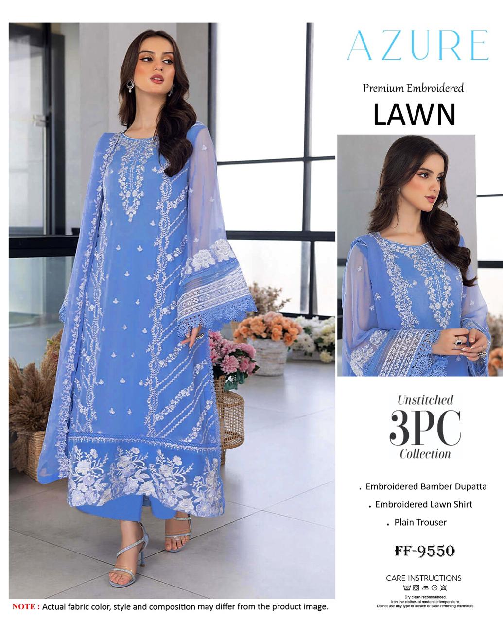 Azure Premium Embroidered Lawn 3PC Suit FF-9550 Periwinkle Blue White Embroidery Unstitched IBX Collection