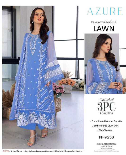 Azure Premium Embroidered Lawn 3PC Suit FF-9550 Periwinkle Blue White Embroidery Unstitched IBX Collection